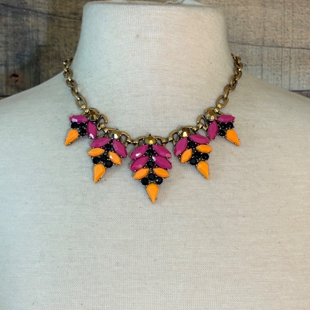 J Crew Statement Bib Necklace Pink Orange Black Gold Tone Floral